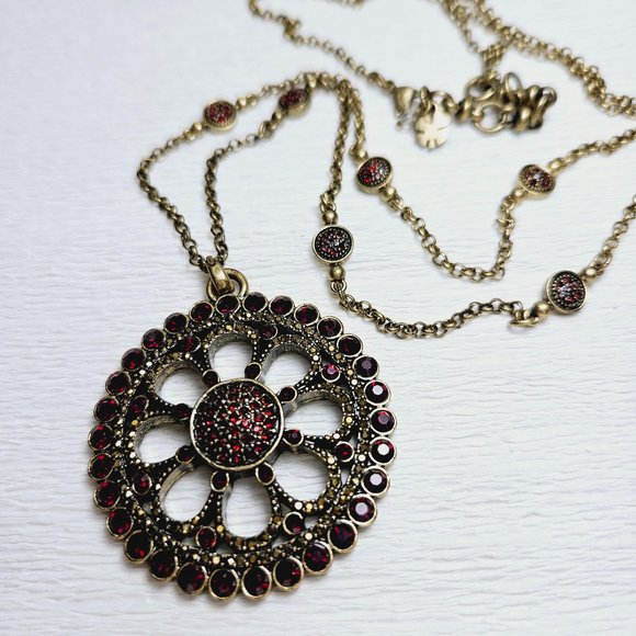 Red Rhinestone Floral Mandala Pendant on Embellished Antiqued Gold Tone Chain - Picture 1 of 5